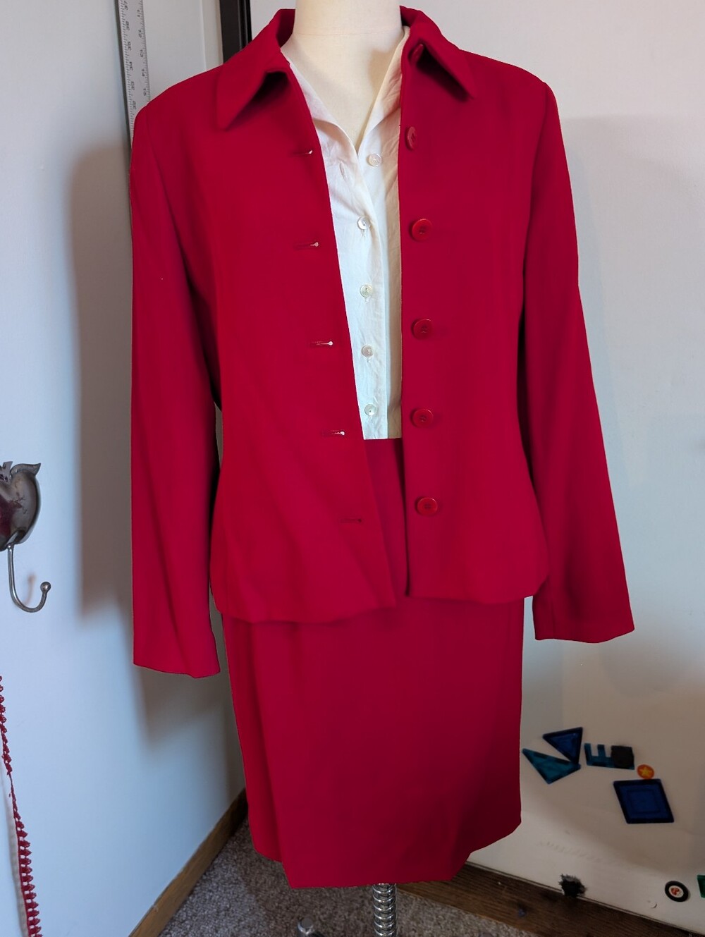 Red Wool Blazer And Skirt Set